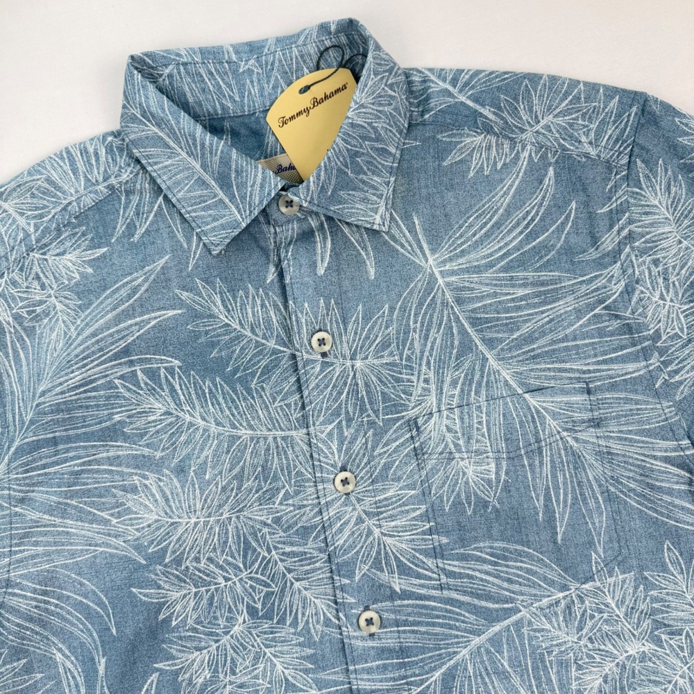 Tommy Bahama Mens S Light Blue Palm Leaf Print Cotton Shirt Short Sleeve New